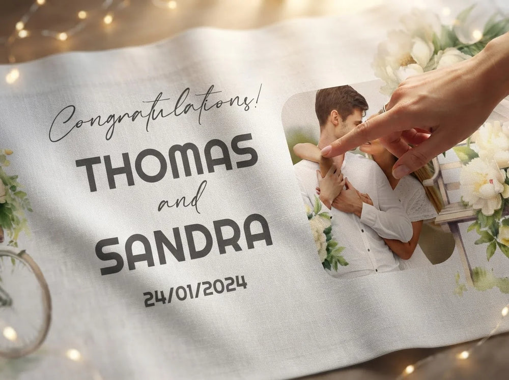 Close-up of the personalised name and photo printed on the Beige Peony Theme Wedding Banner