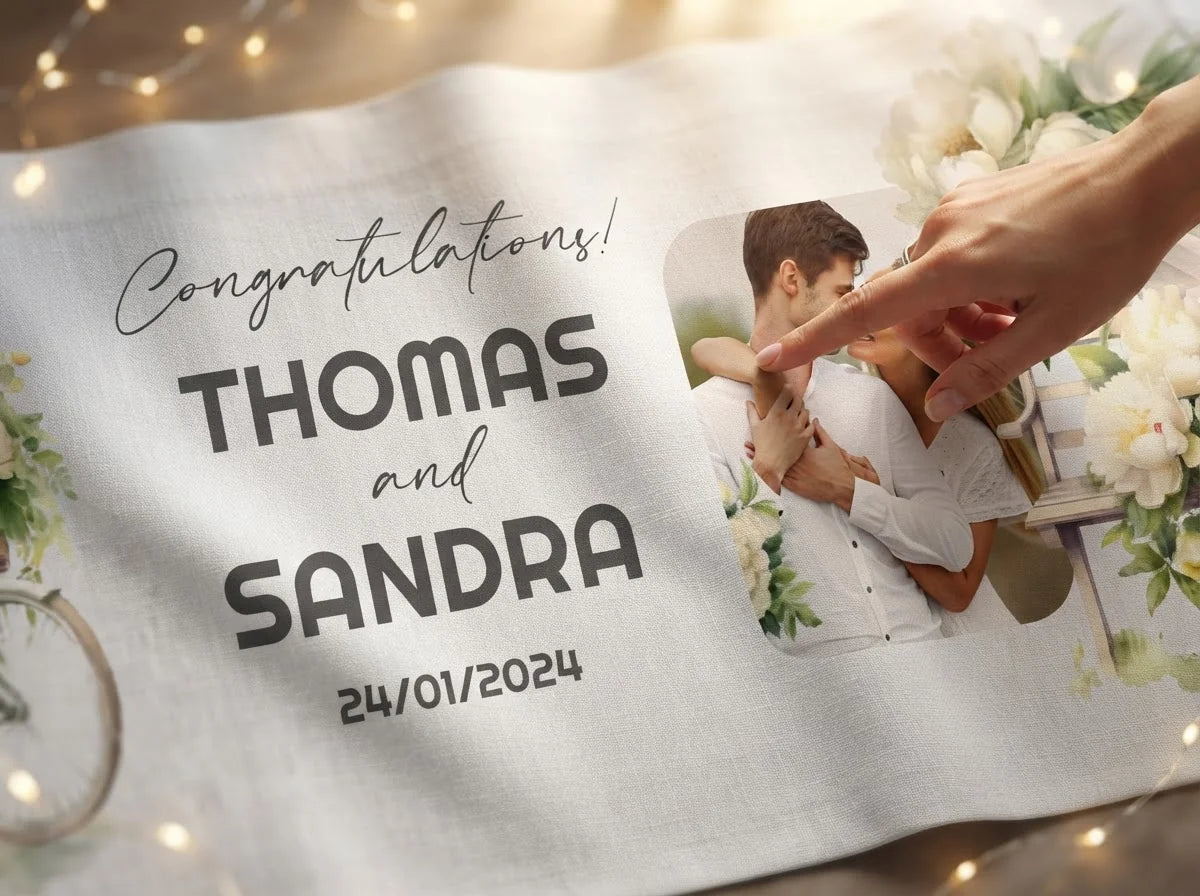Close-up of the personalised name and photo printed on the Beige Peony Theme Wedding Banner