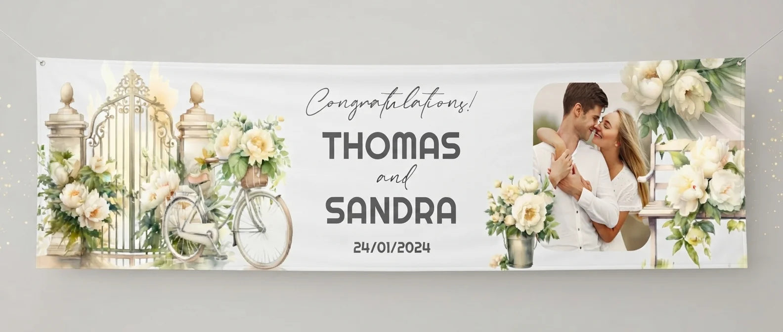 Personalised Beige Peony Theme Wedding Banner displayed against a plain studio background