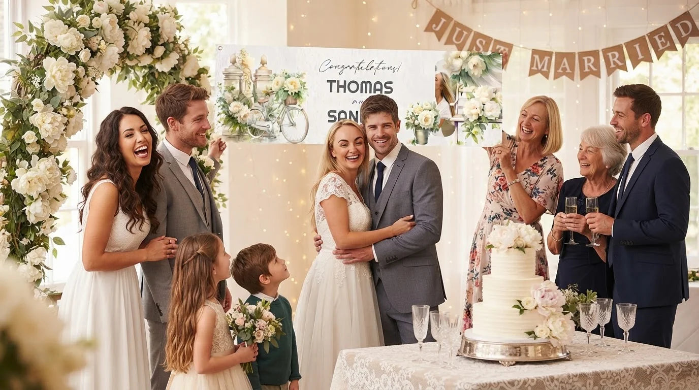 Friends and family celebrating with the personalised Beige Peony Theme Wedding Banner