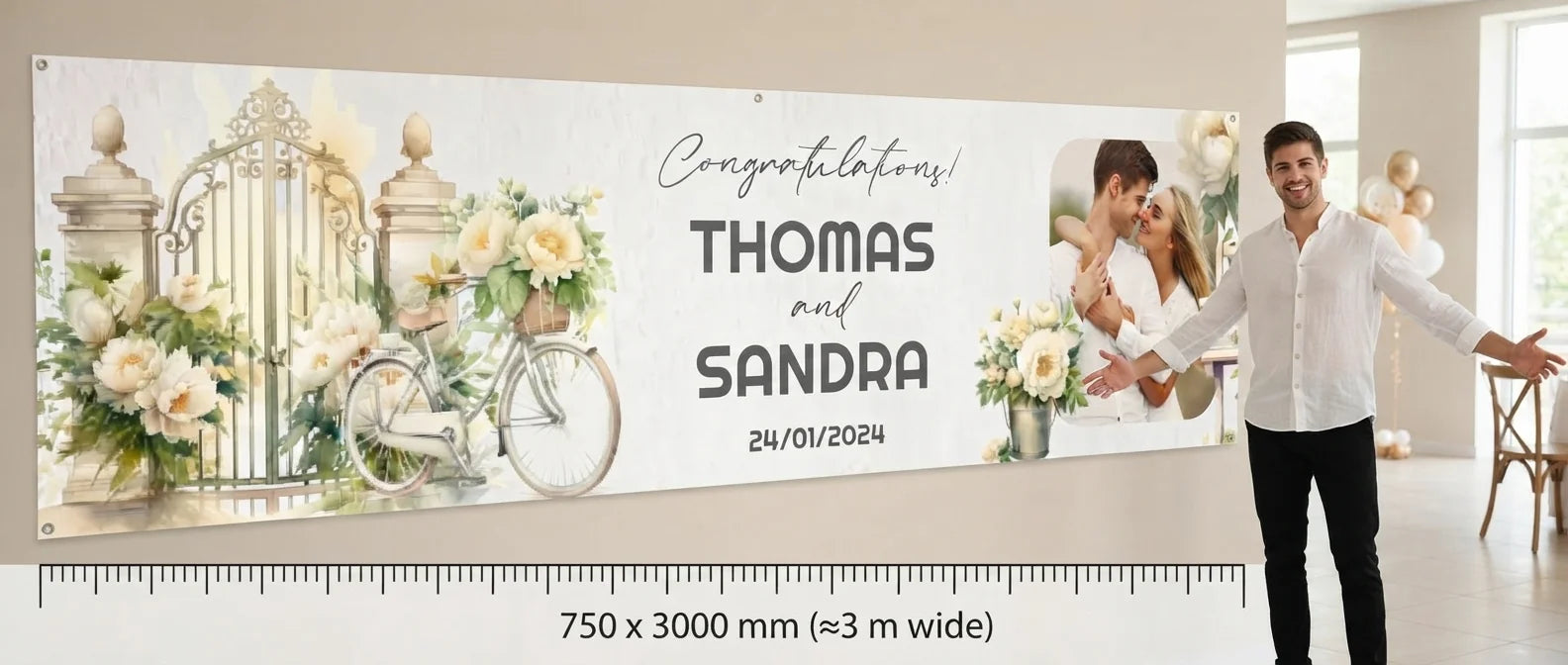Person standing beside the Beige Peony Theme Wedding Banner for scale, with size guide showing 750 x 3000 mm
