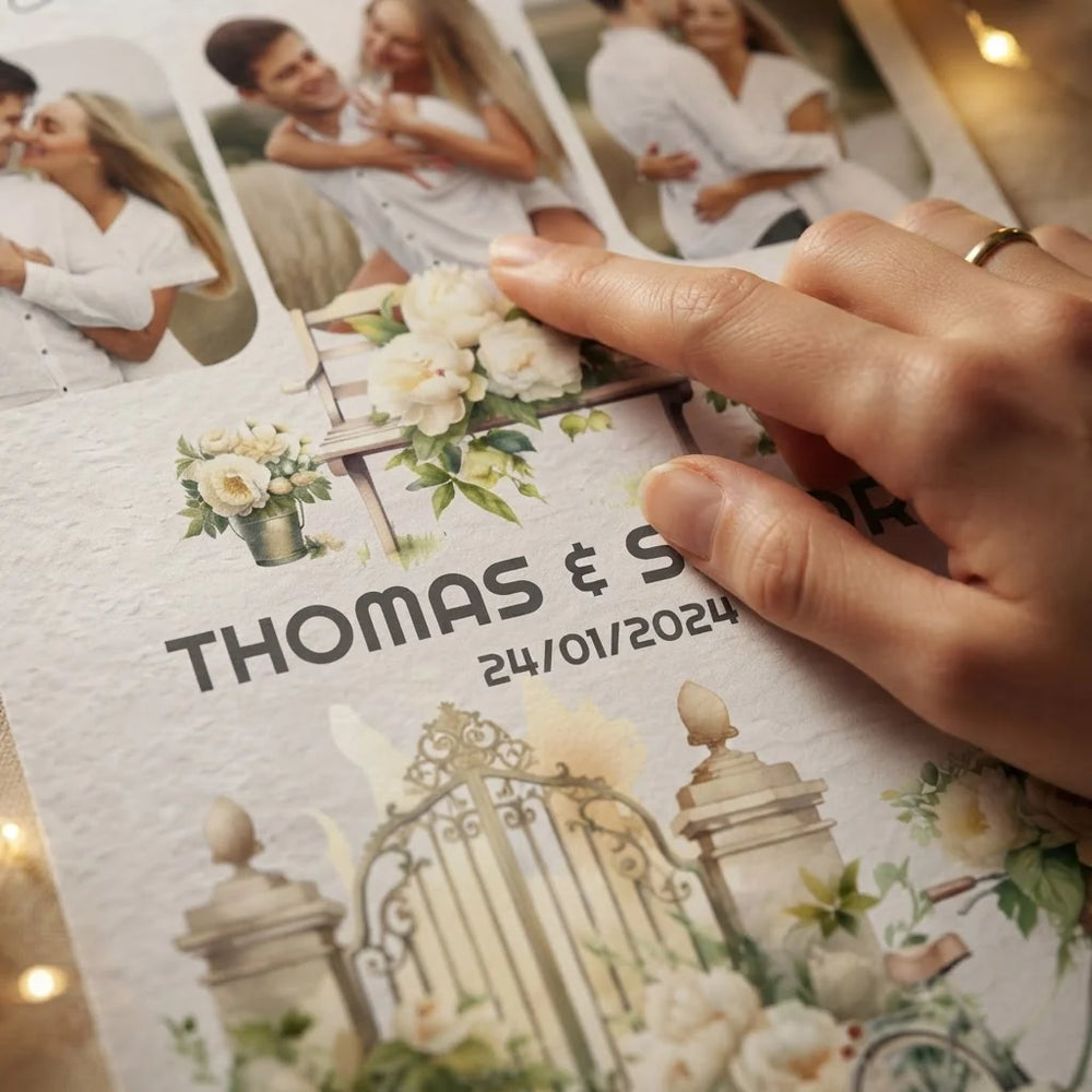 Close-up of the personalised name and photo printed on the Beige Peony Theme Wedding Mega Card