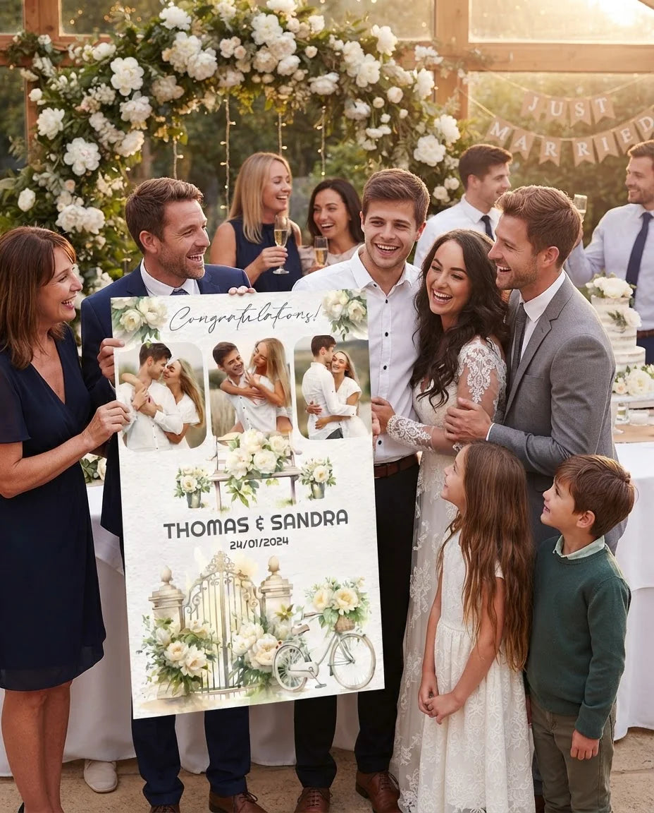 Friends and family celebrating with the personalised Beige Peony Theme Wedding Mega Card
