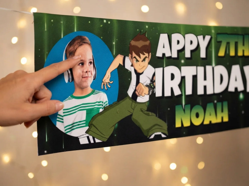 Close-up of the personalised name and photo printed on the Ben 10 Birthday Banner