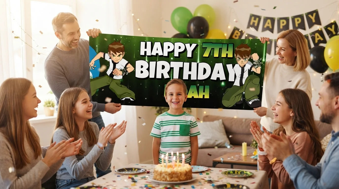 Friends and family celebrating with the personalised Ben 10 Birthday Banner