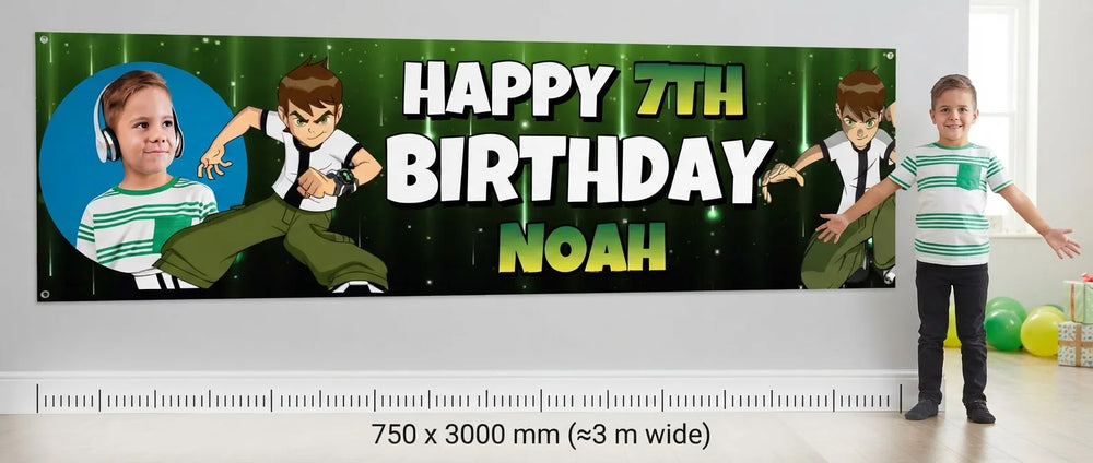 Person standing beside the Ben 10 Birthday Banner for scale, with size guide showing 750 x 3000 mm