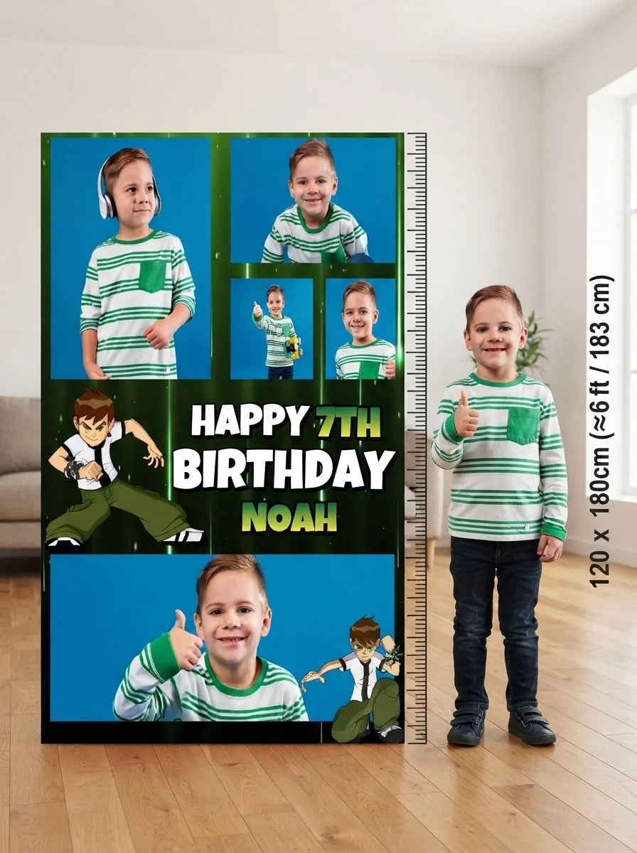 Person standing beside the Ben 10 Mega Card for scale in a size guide