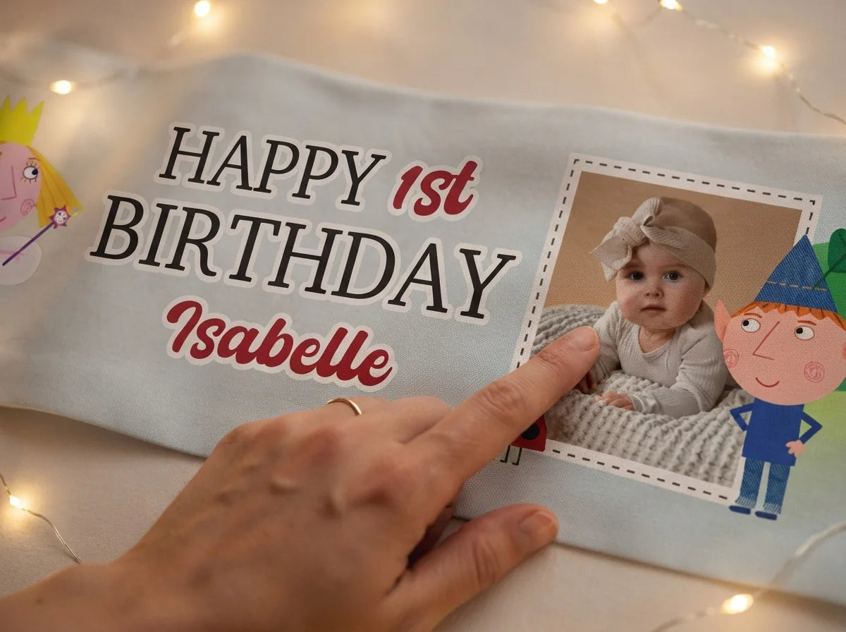 Close-up of the personalised name and photo printed on the Ben and Holly Birthday Banner