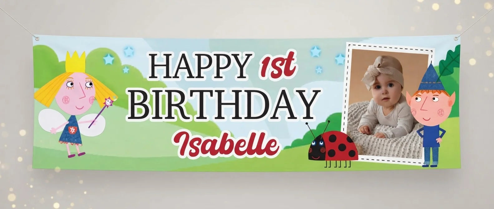 Personalised Ben and Holly Birthday Banner displayed against a plain studio background