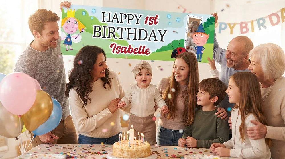 Friends and family celebrating with the personalised Ben and Holly Birthday Banner