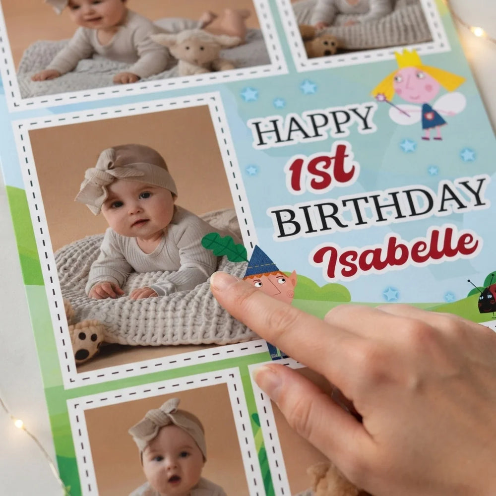 Close-up of the personalised name and photo printed on the Ben and Holly Mega Card