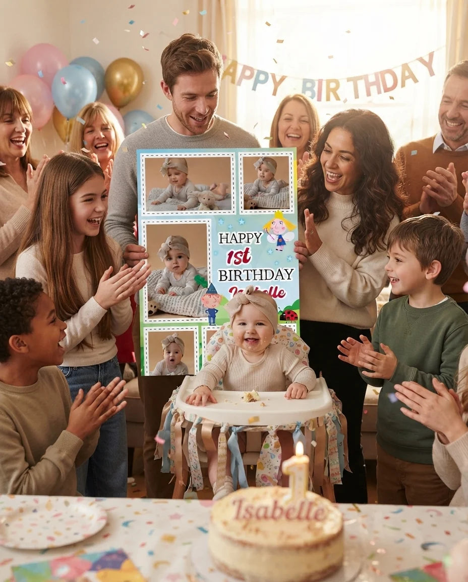 Friends and family celebrating with the personalised Ben and Holly Mega Card