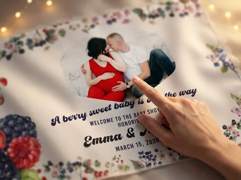 Close-up of the personalised name and photo printed on the Berry Sweet Baby Shower Party Banner
