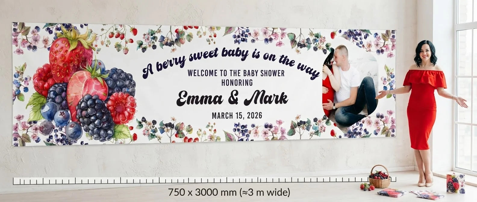 Person standing beside the Berry Sweet Baby Shower Party Banner for scale, with size guide showing 750 x 3000 mm