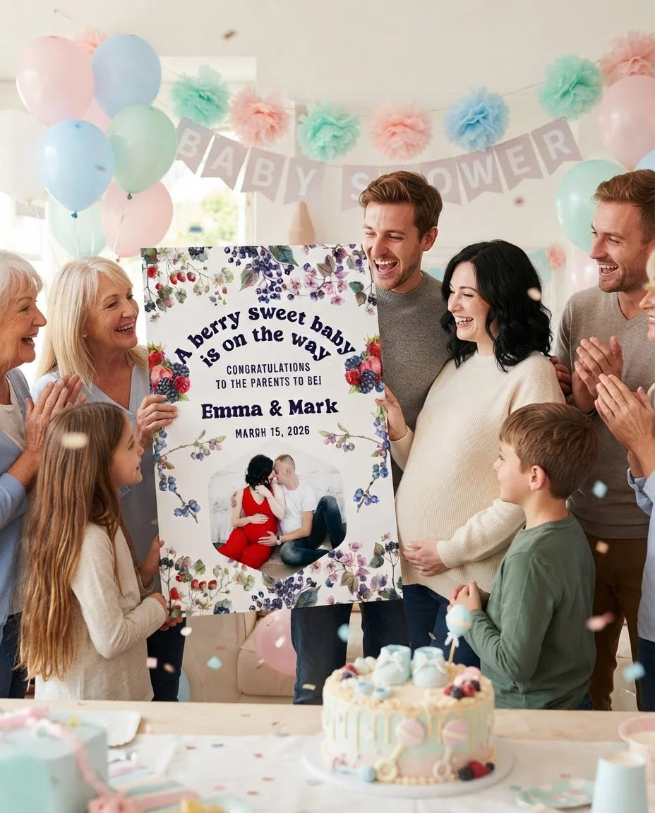 Friends and family celebrating with the personalised Berry Sweet Baby Shower Party Mega Card