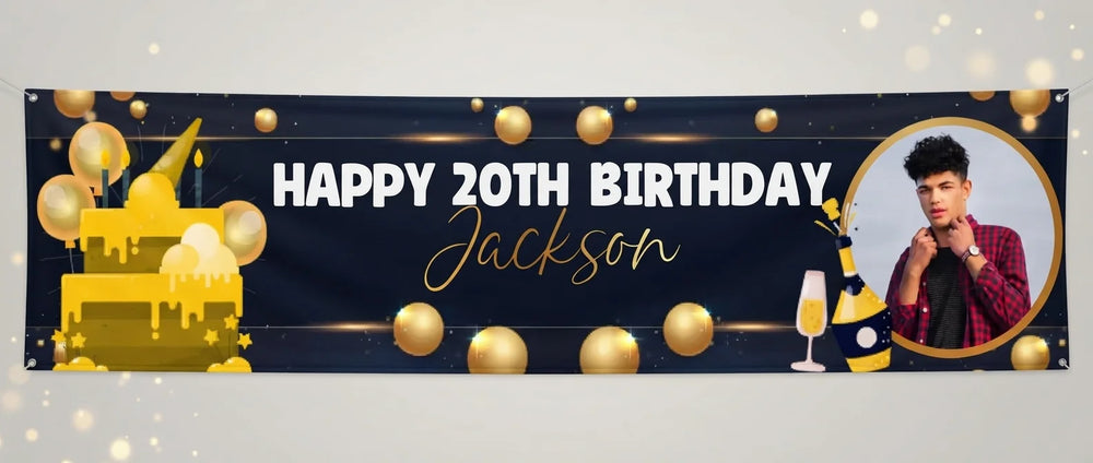 Personalised Gold and Black Theme Birthday Party Banner displayed against a plain studio background