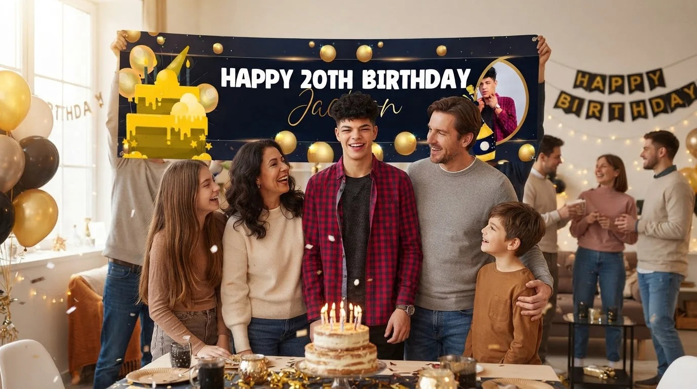 Friends and family celebrating with the personalised Gold and Black Theme Birthday Party Banner