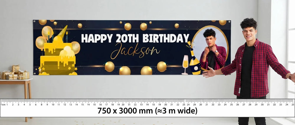 Person standing beside the Gold and Black Theme Birthday Party Banner for scale, with size guide showing 750 x 3000 mm
