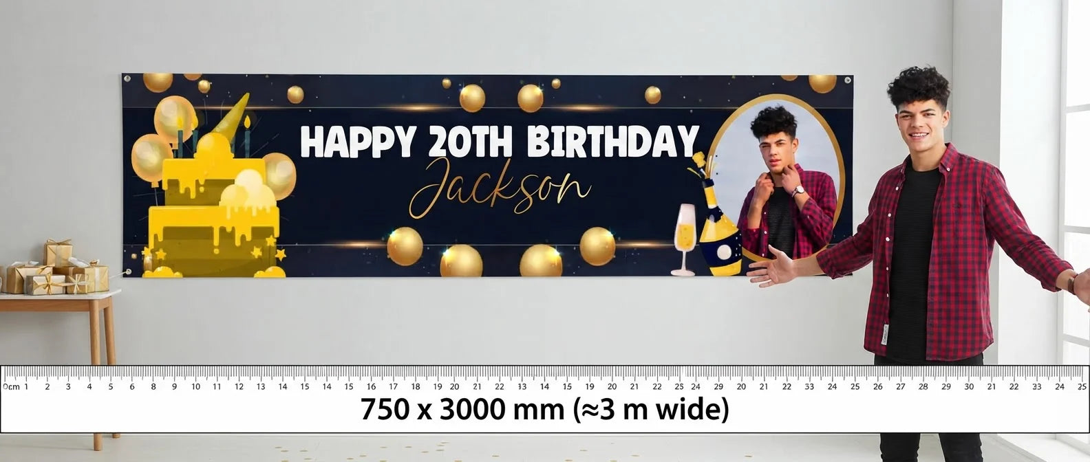 Person standing beside the Gold and Black Theme Birthday Party Banner for scale, with size guide showing 750 x 3000 mm