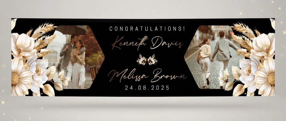 Personalised Black and Gold Theme Wedding Banner displayed against a plain studio background