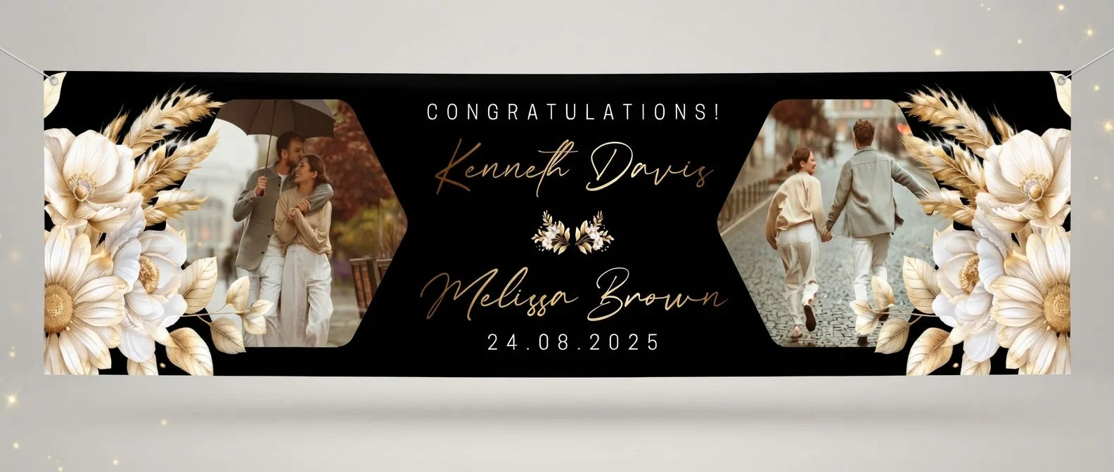 Personalised Black and Gold Theme Wedding Banner displayed against a plain studio background