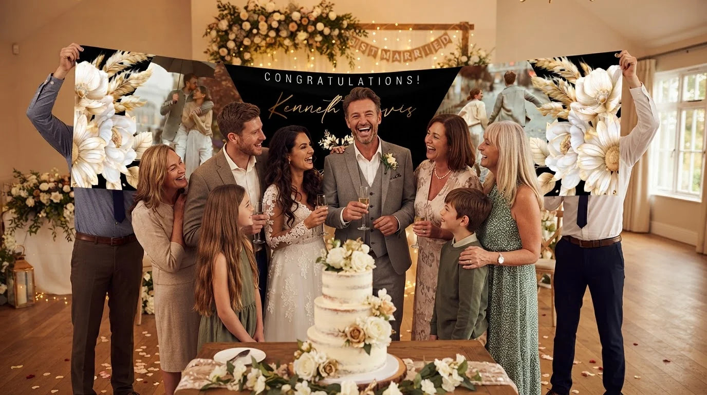 Friends and family celebrating with the personalised Black and Gold Theme Wedding Banner