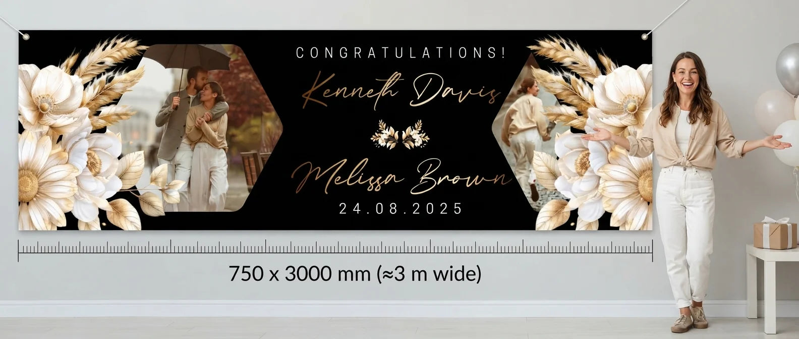 Person standing beside the Black and Gold Theme Wedding Banner for scale, with size guide showing 750 x 3000 mm