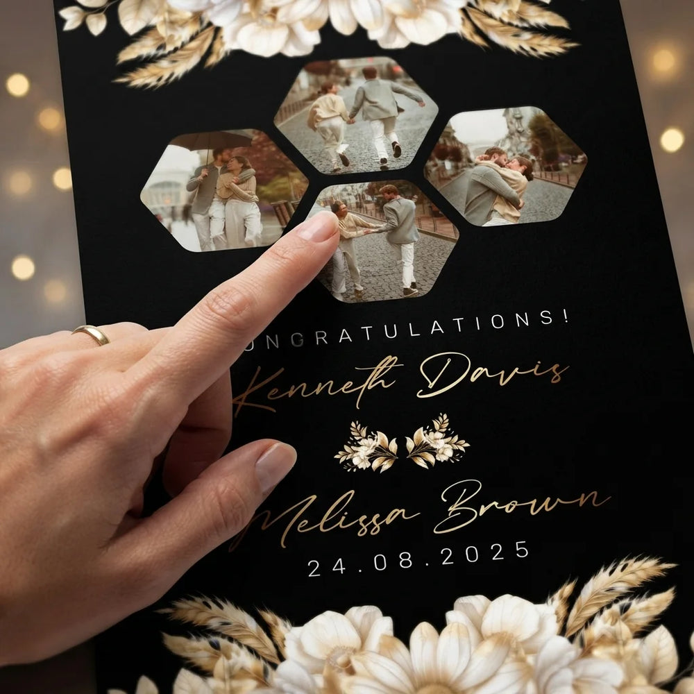 Close-up of the personalised name and photo printed on the Black and Gold Theme Wedding Mega Card