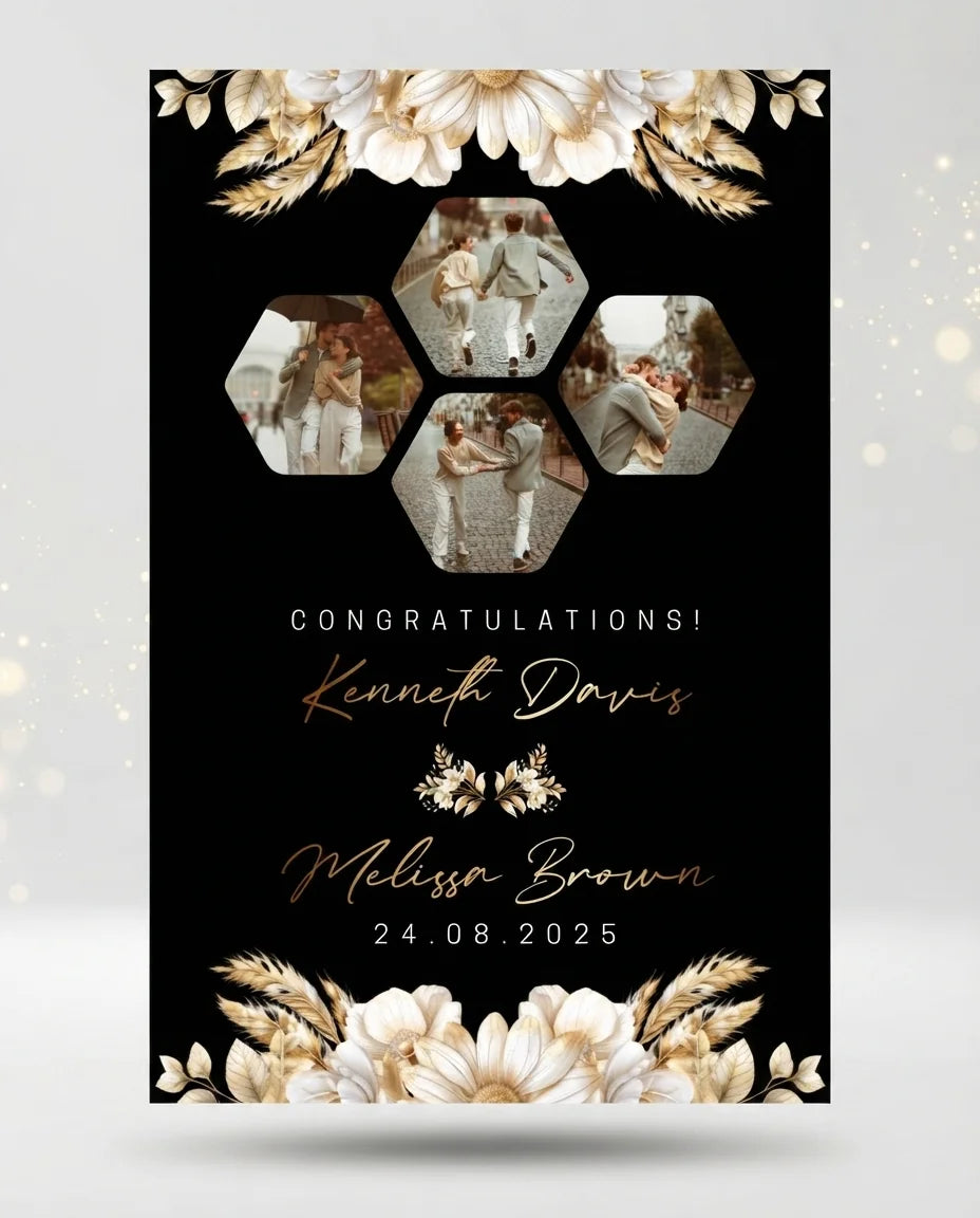 Personalised Black and Gold Theme Wedding Mega Card displayed against a plain studio background