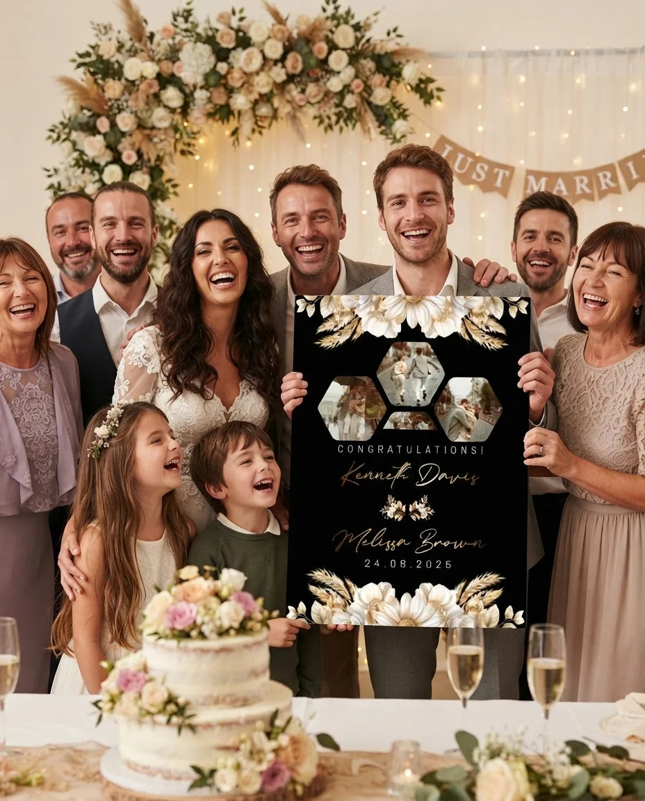 Friends and family celebrating with the personalised Black and Gold Theme Wedding Mega Card
