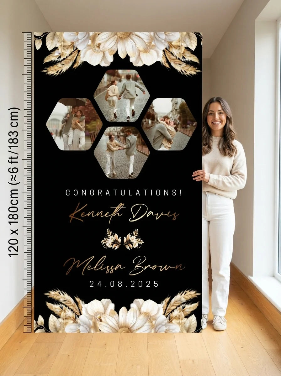 Person standing beside the Black and Gold Theme Wedding Mega Card for scale in a size guide
