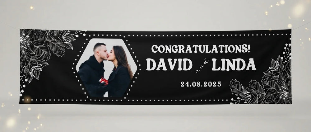 Personalised Black and White Theme Wedding Banner displayed against a plain studio background
