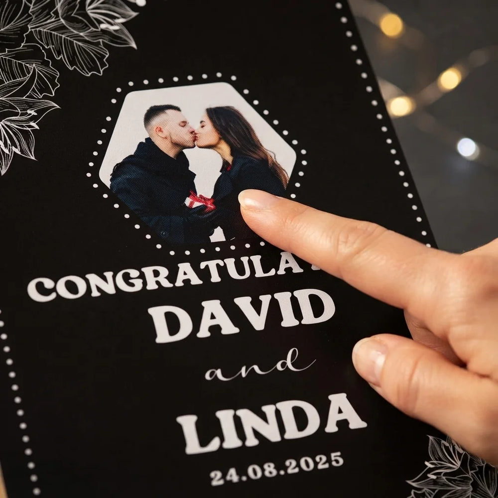 Close-up of the personalised name and photo printed on the Black and White Theme Wedding Mega Card