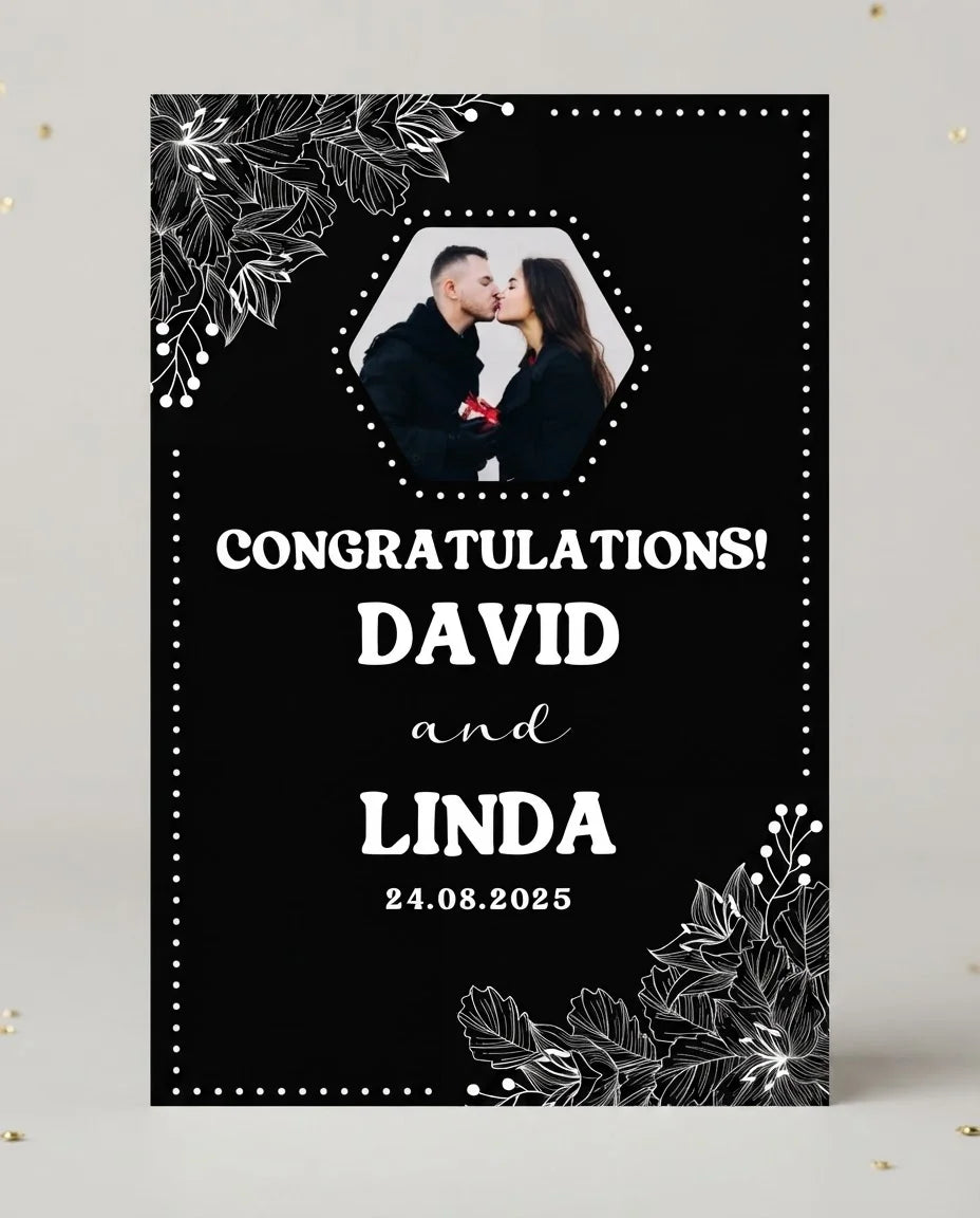 Personalised Black and White Theme Wedding Mega Card displayed against a plain studio background