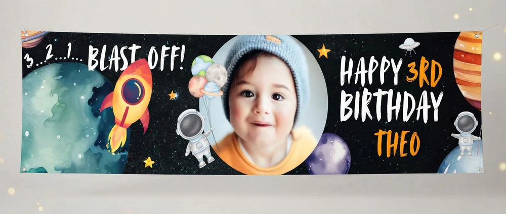 Personalised Blast Off Outerspace Birthday Party Banner displayed against a plain studio background
