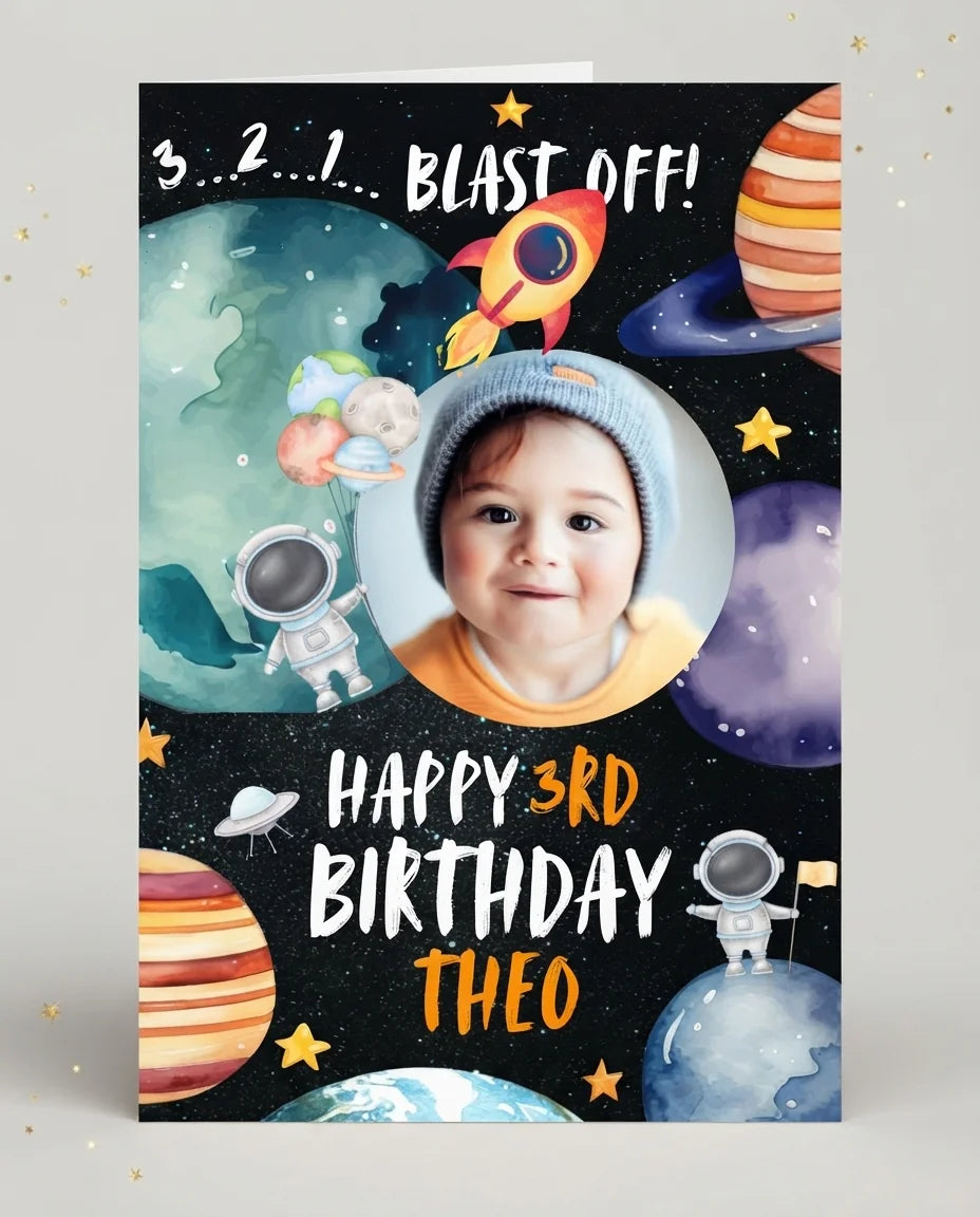 Personalised Blast Off Outerspace Birthday Party Mega Card displayed against a plain studio background