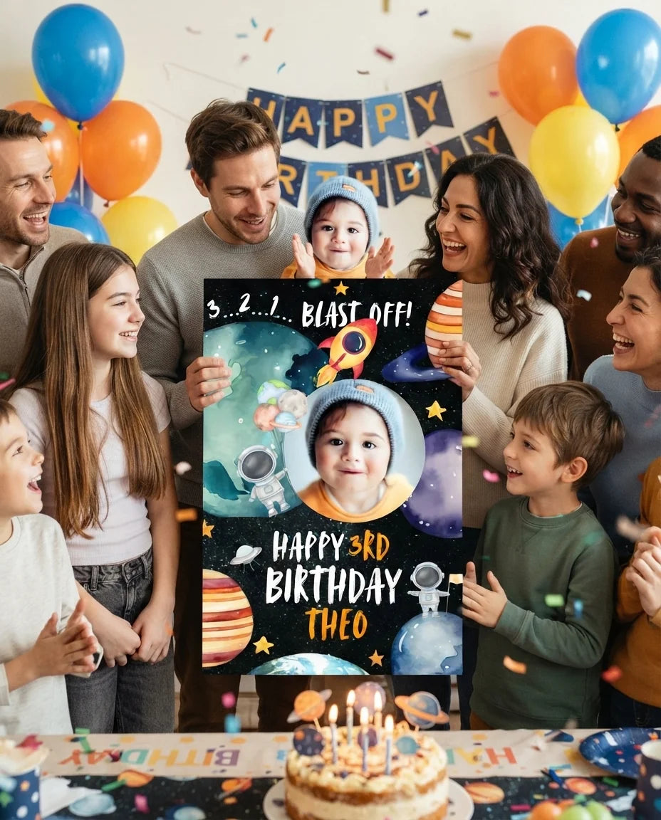 Friends and family celebrating with the personalised Blast Off Outerspace Birthday Party Mega Card