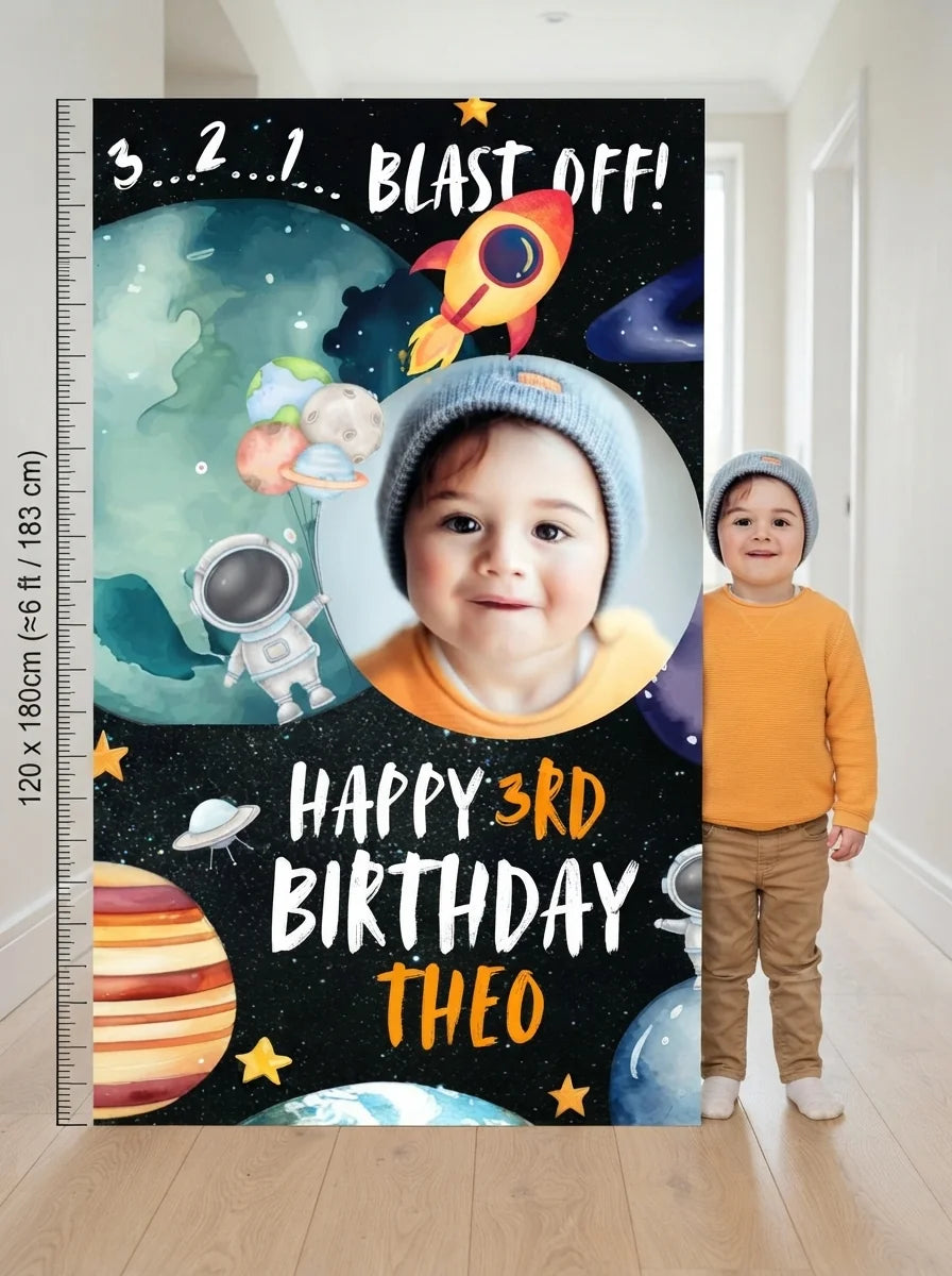 Person standing beside the Blast Off Outerspace Birthday Party Mega Card for scale in a size guide