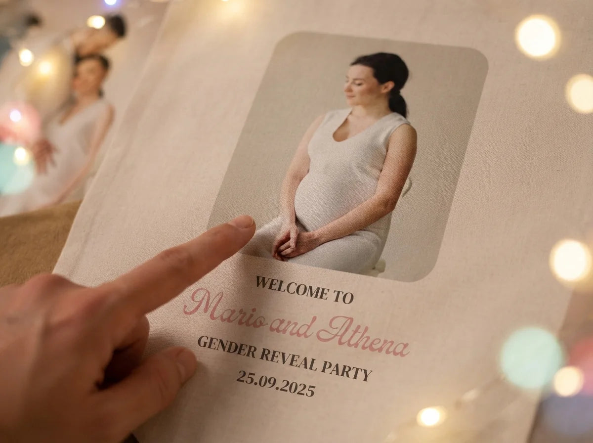 Close-up of the personalised name and photo printed on the Blue Pink What Do you think Gender Reveal Party Banner