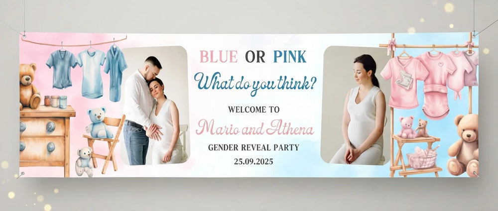 Personalised Blue Pink What Do you think Gender Reveal Party Banner displayed against a plain studio background