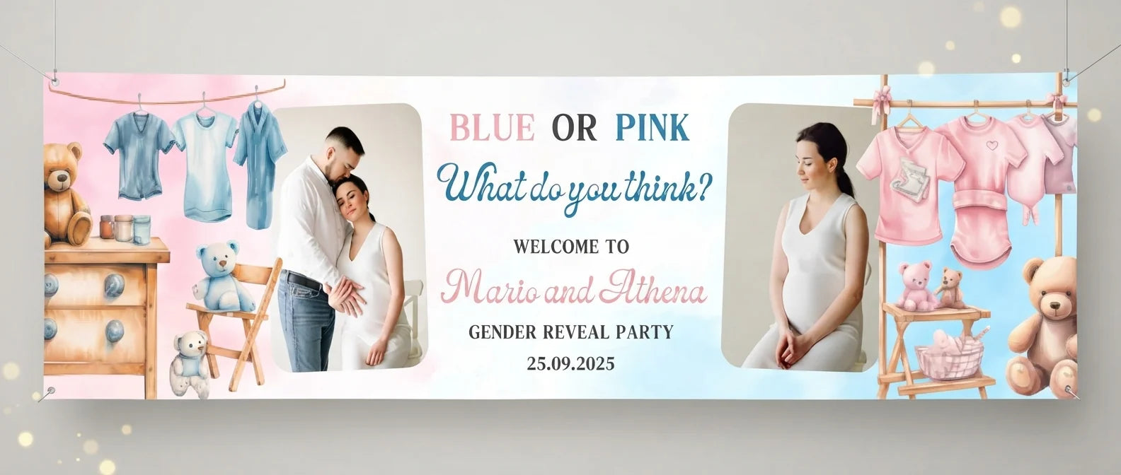 Personalised Blue Pink What Do you think Gender Reveal Party Banner displayed against a plain studio background