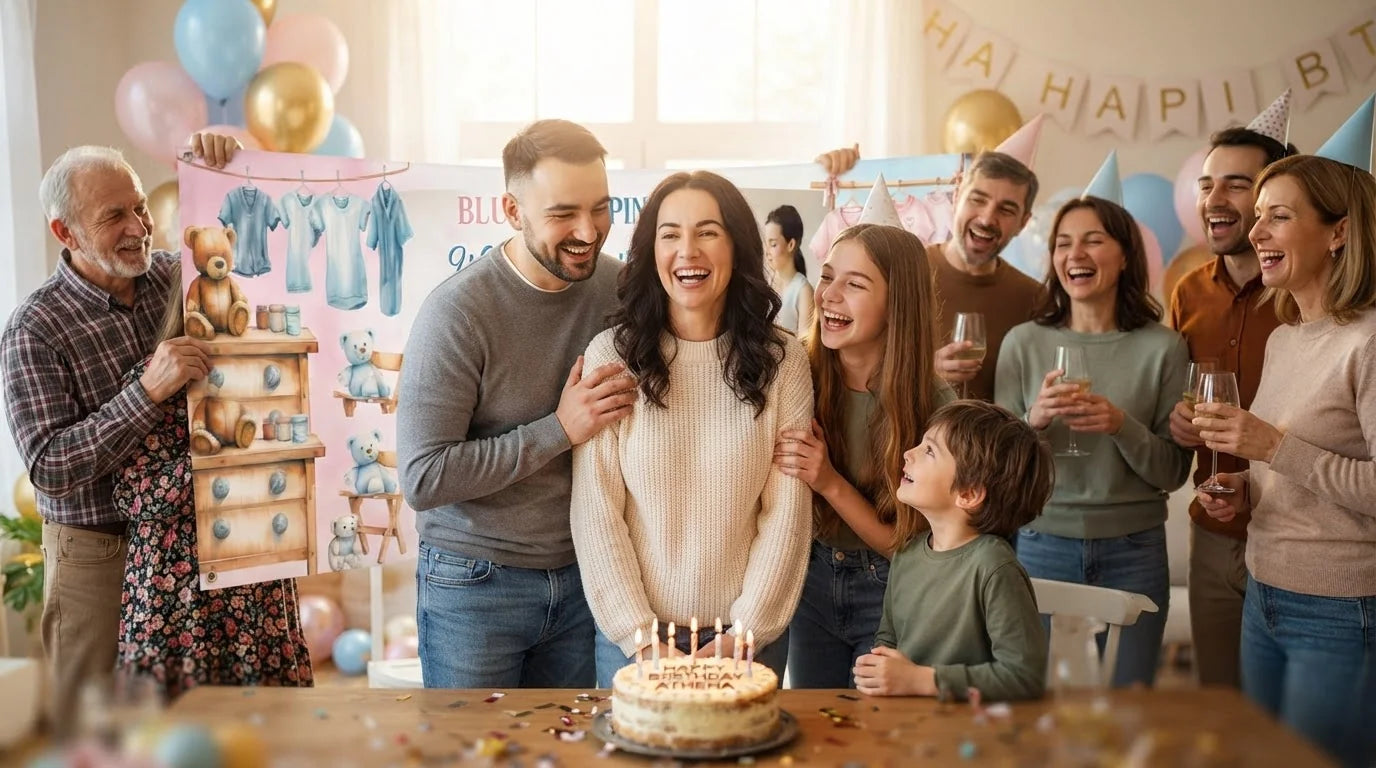 Friends and family celebrating with the personalised Blue Pink What Do you think Gender Reveal Party Banner