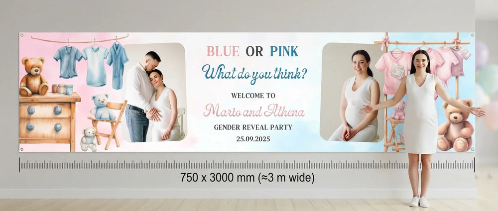 Person standing beside the Blue Pink What Do you think Gender Reveal Party Banner for scale, with size guide showing 750 x 3000 mm