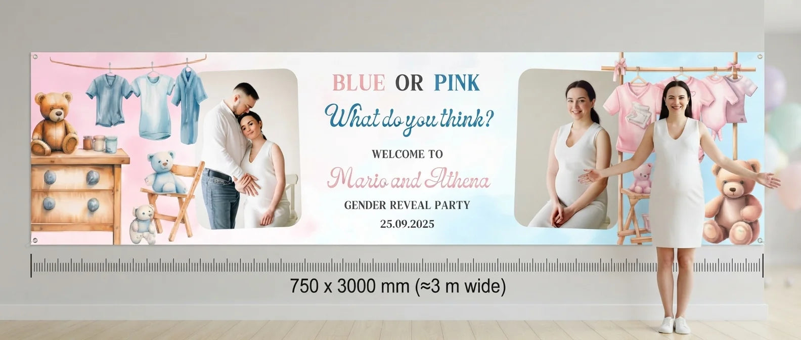 Person standing beside the Blue Pink What Do you think Gender Reveal Party Banner for scale, with size guide showing 750 x 3000 mm