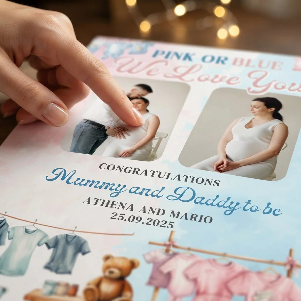 Close-up of the personalised name and photo printed on the Blue Pink What Do you think Gender Reveal Party Mega Card