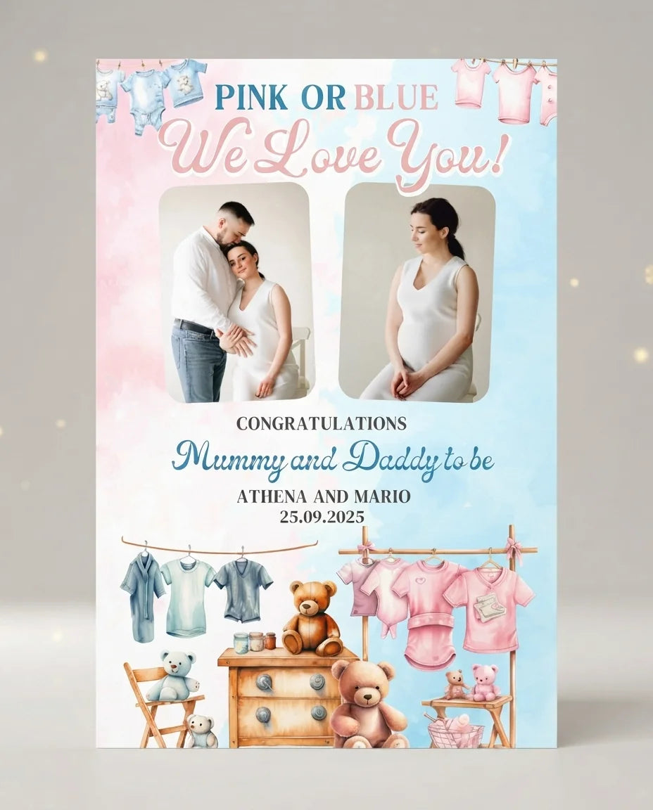 Personalised Blue Pink What Do you think Gender Reveal Party Mega Card displayed against a plain studio background