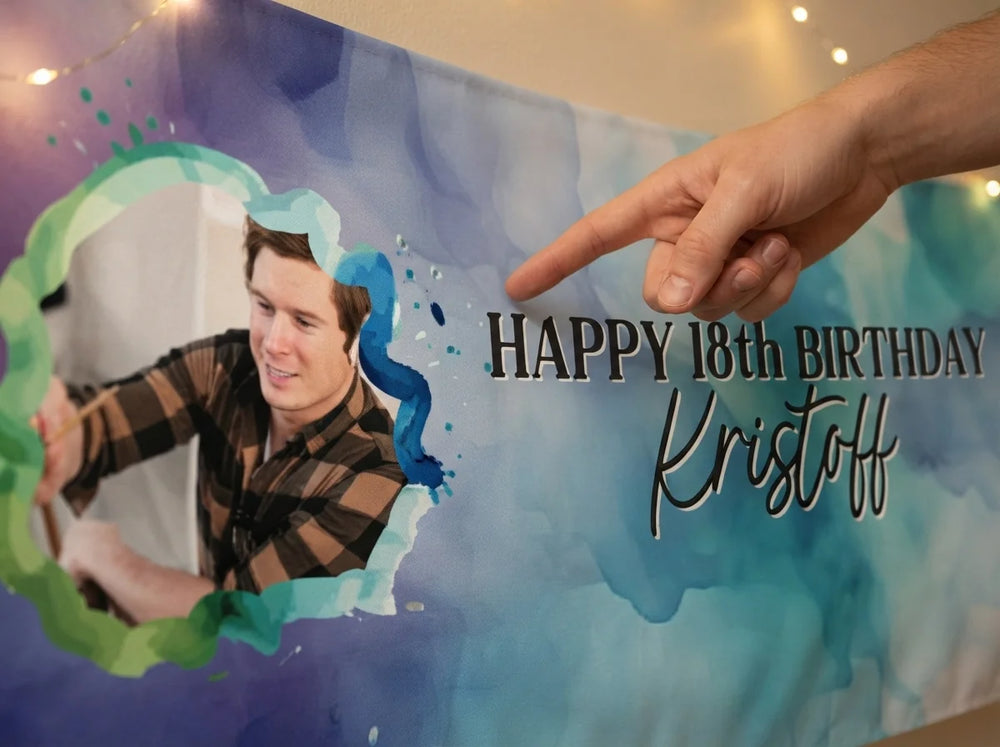 Close-up of the personalised name and photo printed on the Blue Watercolor Theme Birthday Banner