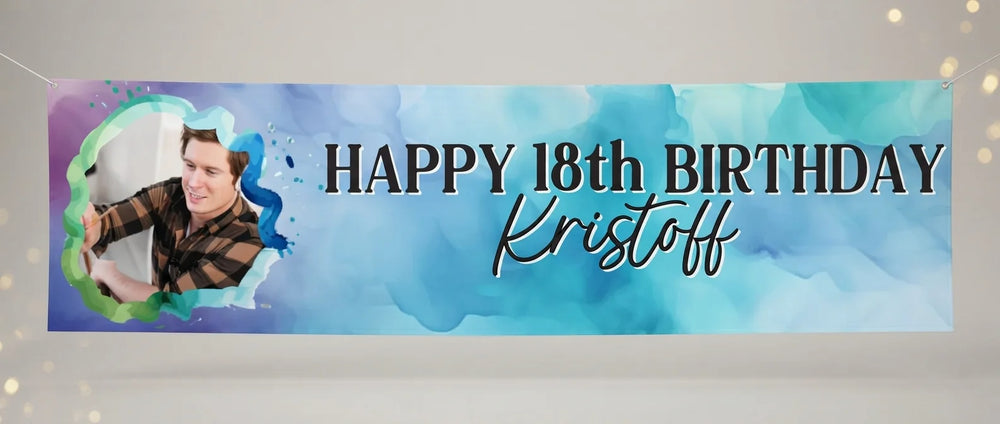 Personalised Blue Watercolor Theme Birthday Banner displayed against a plain studio background