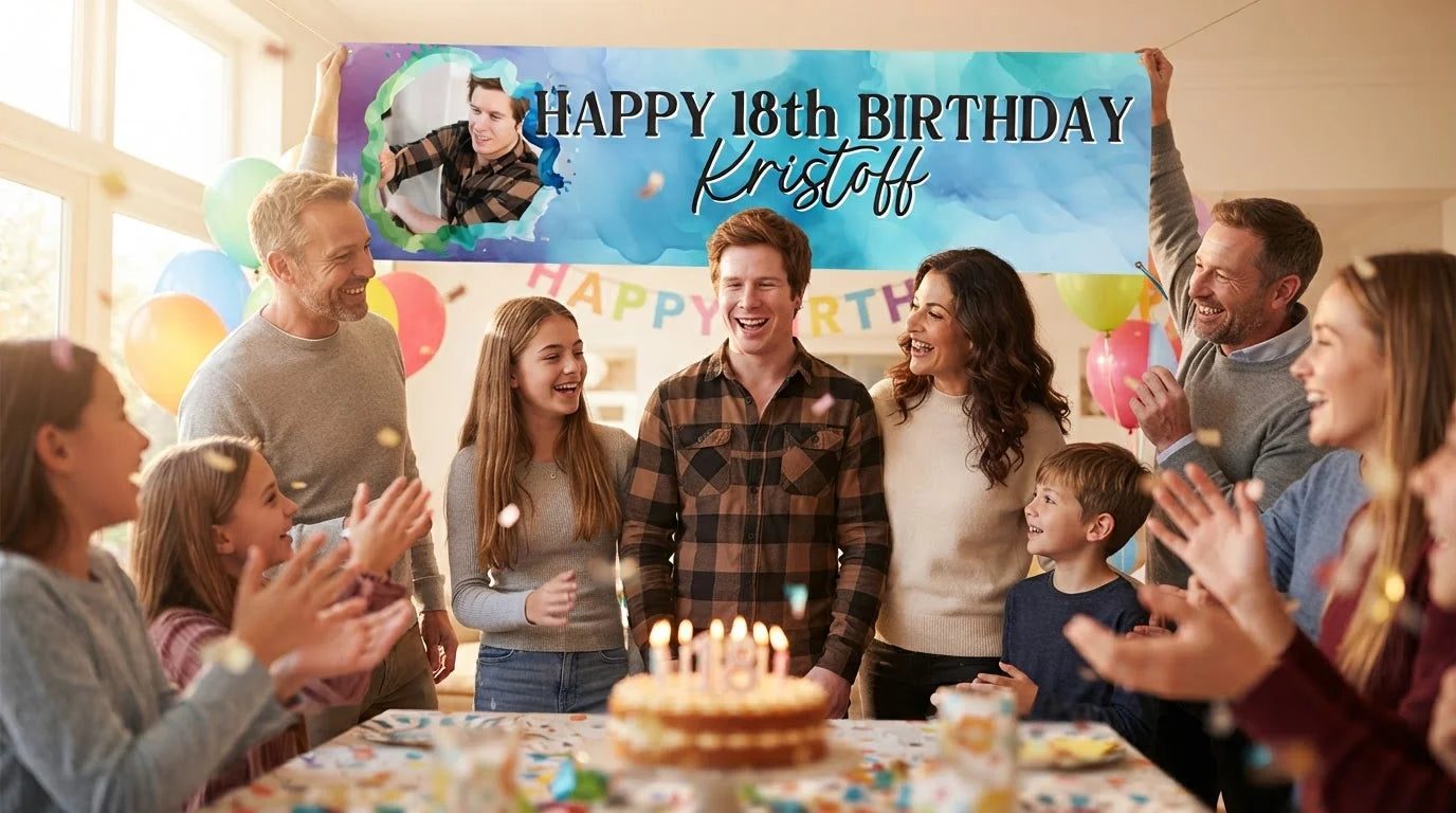 Friends and family celebrating with the personalised Blue Watercolor Theme Birthday Banner