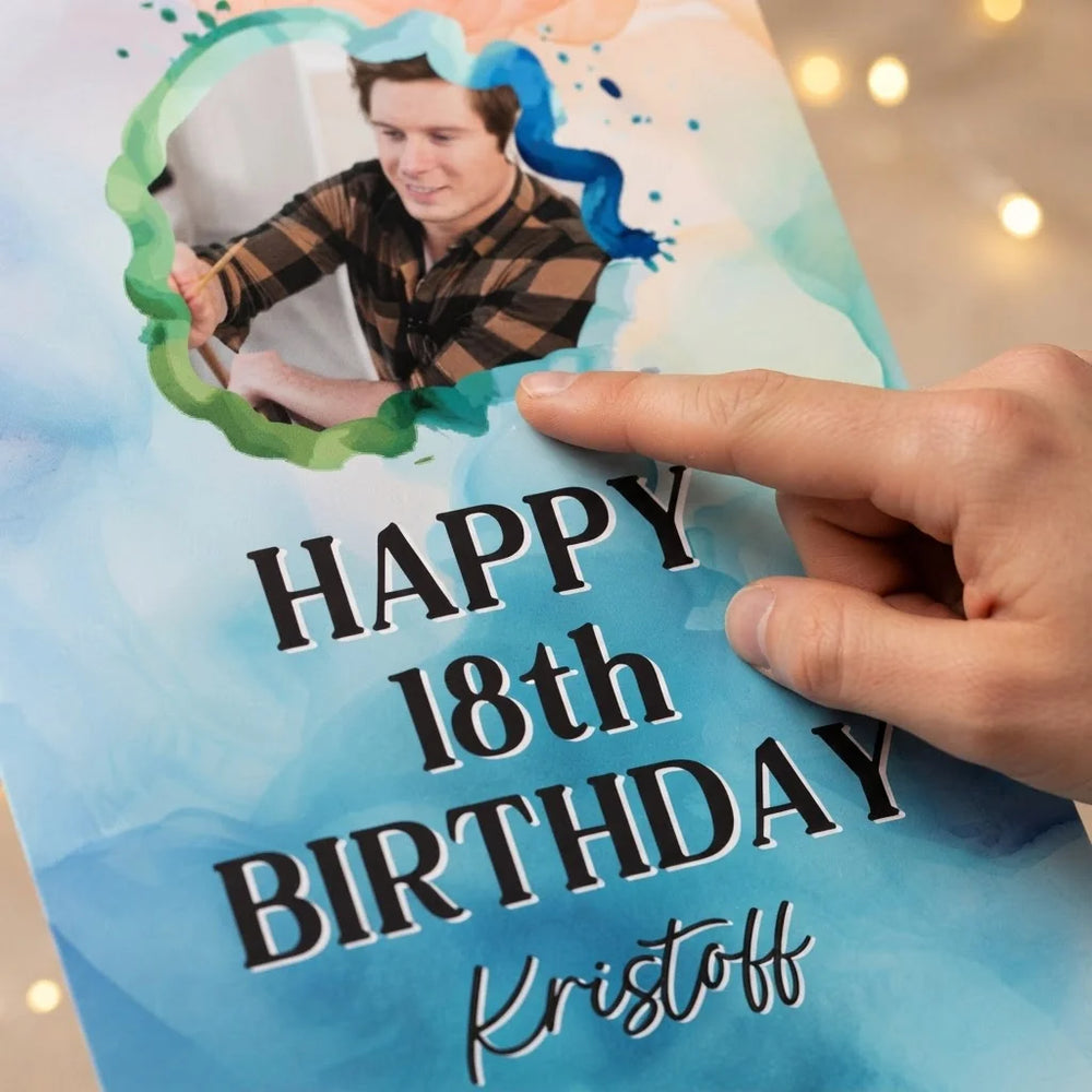 Close-up of the personalised name and photo printed on the Blue Watercolor Theme Birthday Mega Card